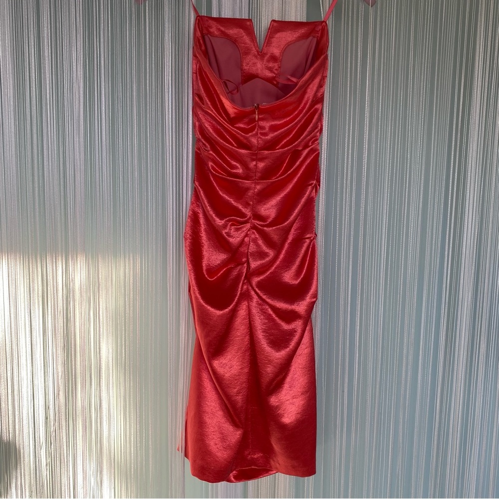 Coral Satin Ruched Strapless Dress - Picture 4 of 17